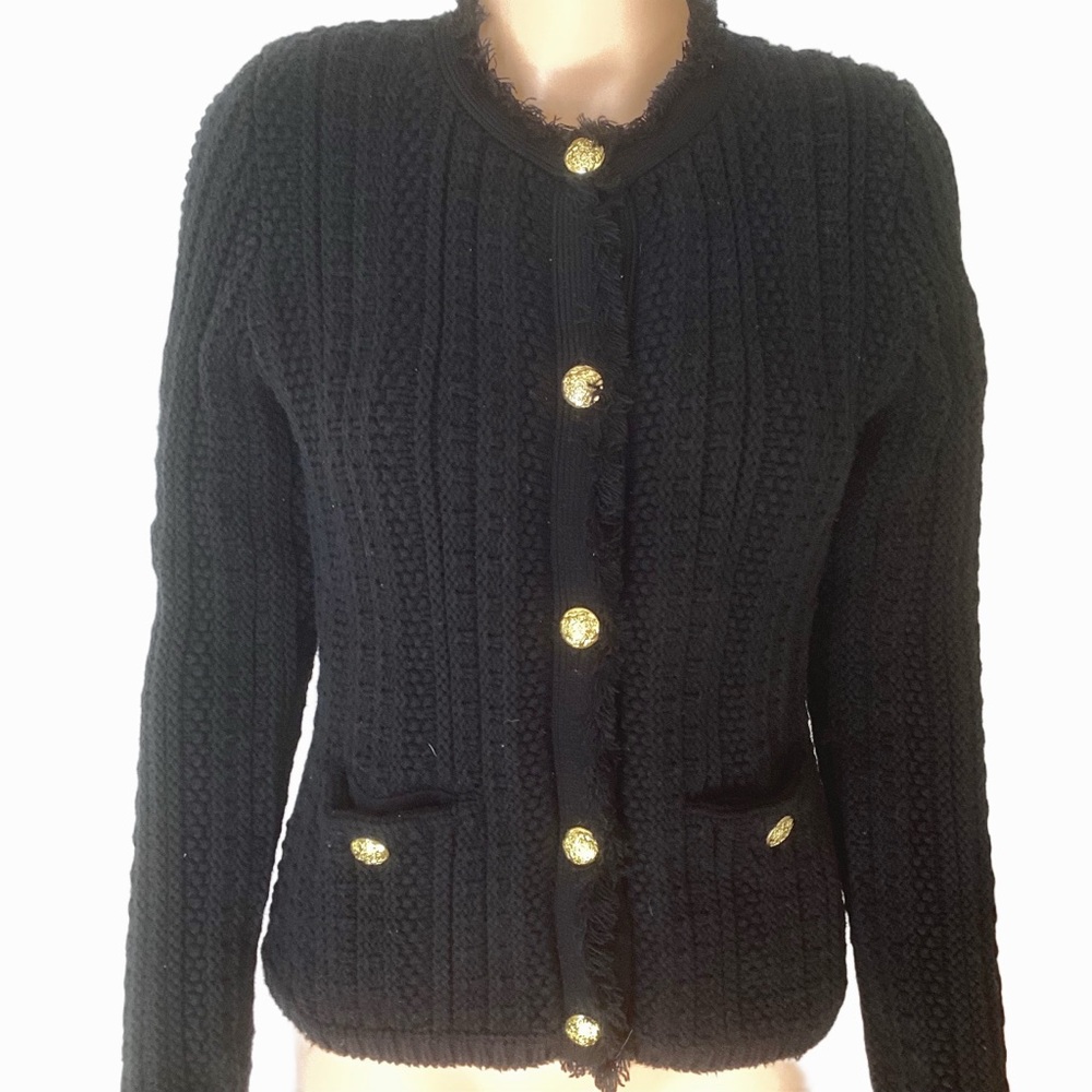 EUC Express Frayed Edge Tweed  Cardigan with Gold Buttons